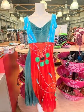 Colorblock Embroidered Midi Dress - Teal & Red